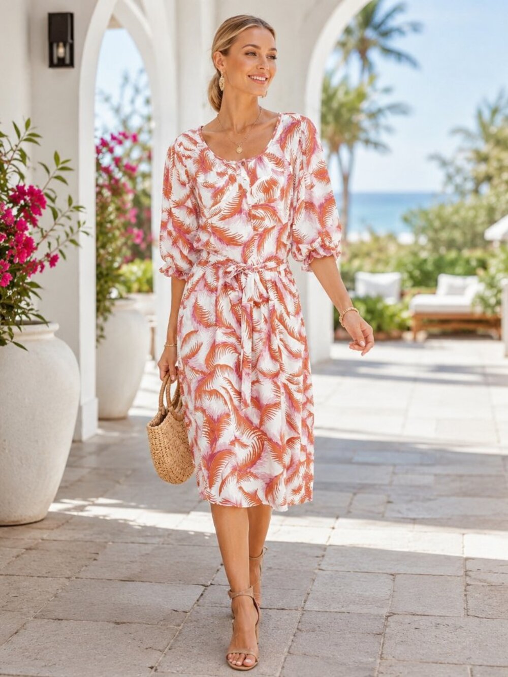 Anthropologie Rust and Cream Printed Tie-Waist Midi Dress